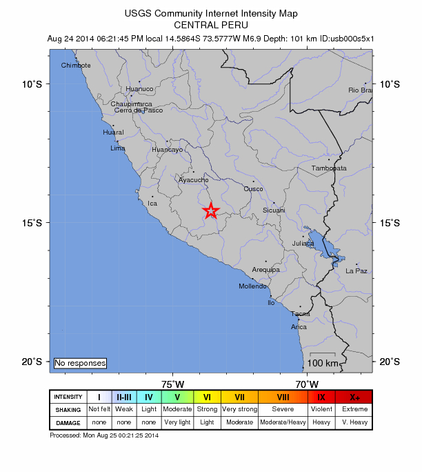 Strong 6.9 magnitude earthquake strikes Central Peru Peru-6-9-august-24-2014
